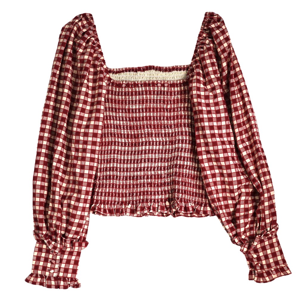 Gingham Smocked Cottagecore Top Womens M Red Textured Puff Sleeve &Merci NWT - Picture 5 of 11